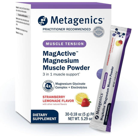 Caja y sobre de Metagenics MagActive magnesio en polvo sabor fresa limonada de 30 sobres