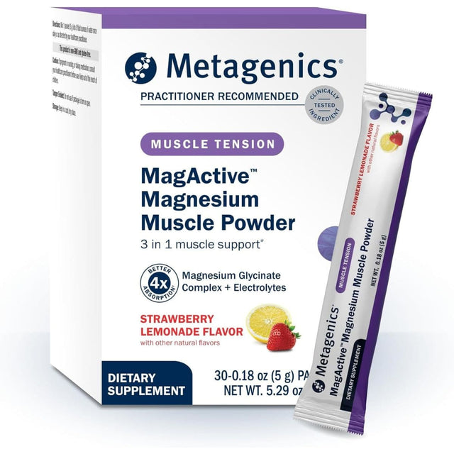 Caja y sobre de Metagenics MagActive magnesio en polvo sabor fresa limonada de 30 sobres