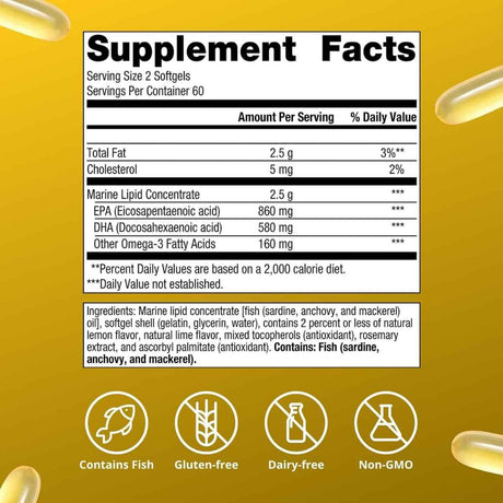 Información del suplemento Metagenics OmegaGenics 3 en 1 aceite de pescado 720 mg EPA DHA 120 cápsulas blandas