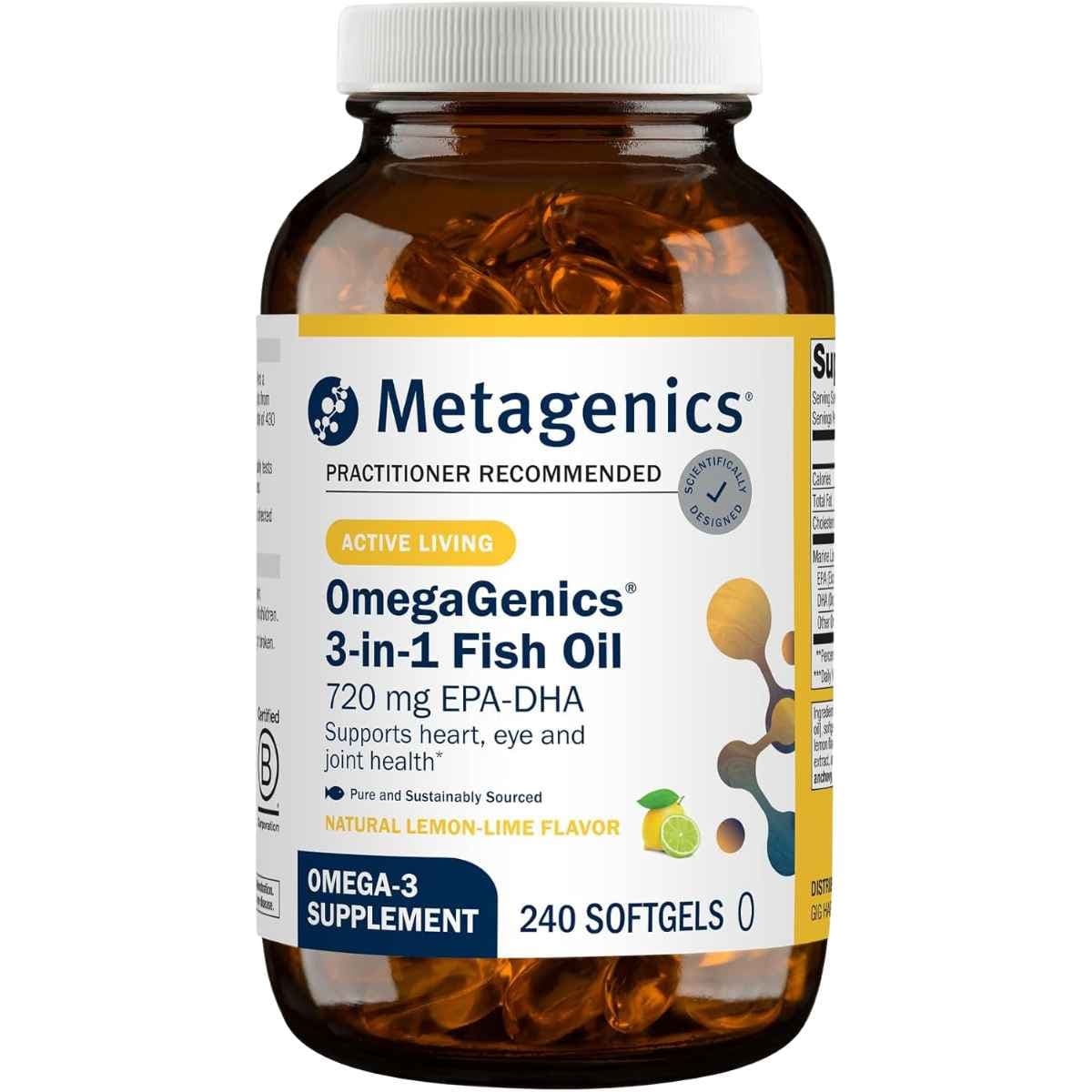 Metagenics OmegaGenics 3 en 1 aceite de pescado 720 mg EPA DHA 240 cápsulas blandas frontal