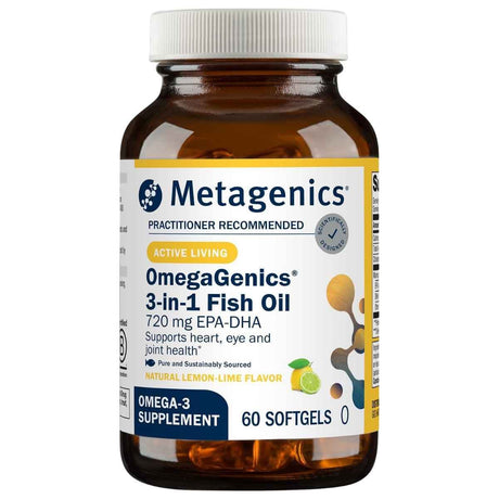 Metagenics OmegaGenics 3 en 1 aceite de pescado 720 mg EPA DHA 60 cápsulas blandas frontal
