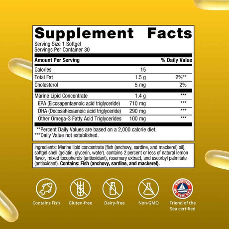 Información del suplemento Metagenics OmegaGenics 5 en 1 aceite de pescado 1000 mg EPA DHA 30 cápsulas blandas