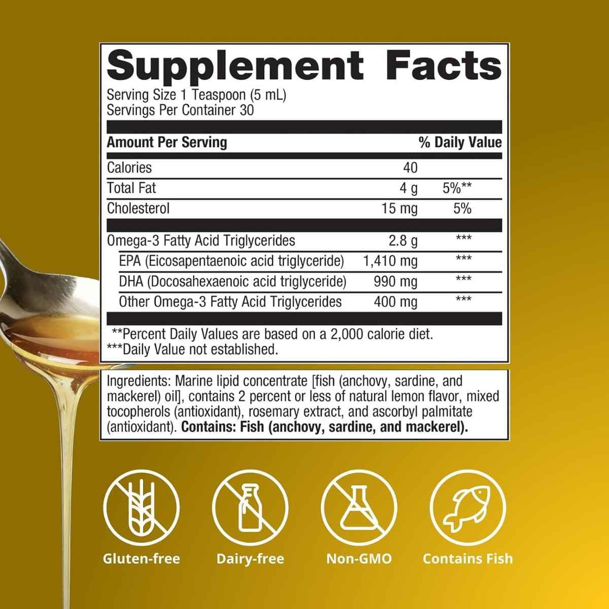 Información del suplemento Metagenics OmegaGenics 5 en 1 aceite de pescado líquido 2400 mg EPA DHA 150 ml