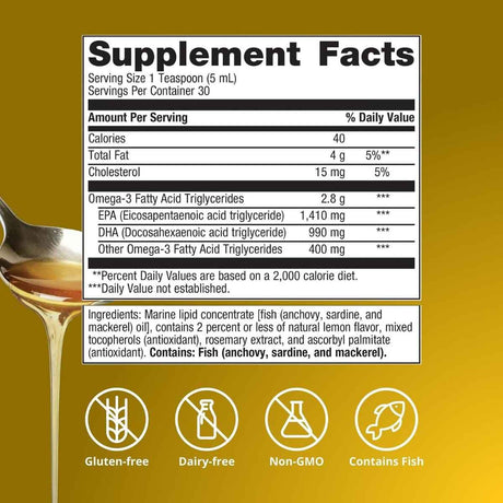 Información del suplemento Metagenics OmegaGenics 5 en 1 aceite de pescado líquido 2400 mg EPA DHA 150 ml