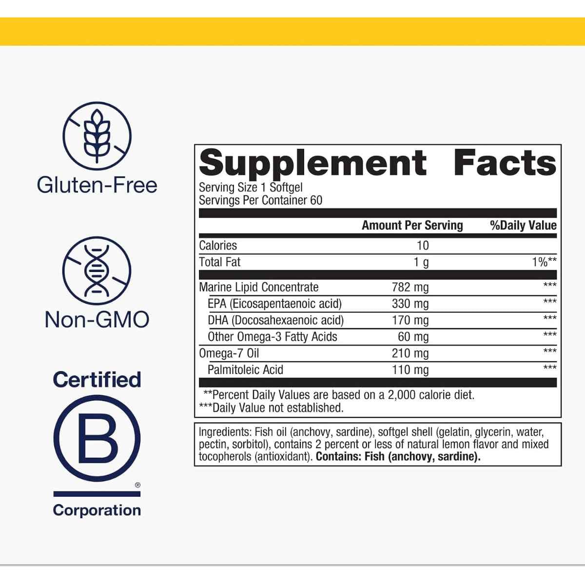 Información del suplemento Metagenics OmegaGenics Fish Oil Mega 10 con omega 3 y omega 7 60 cápsulas blandas