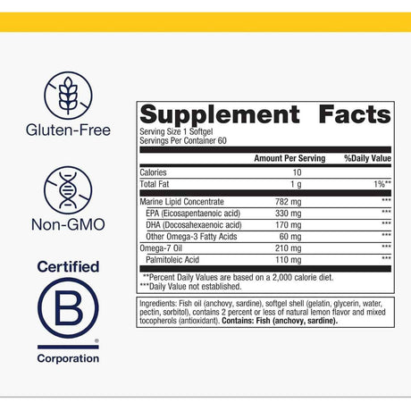 Información del suplemento Metagenics OmegaGenics Fish Oil Mega 10 con omega 3 y omega 7 60 cápsulas blandas