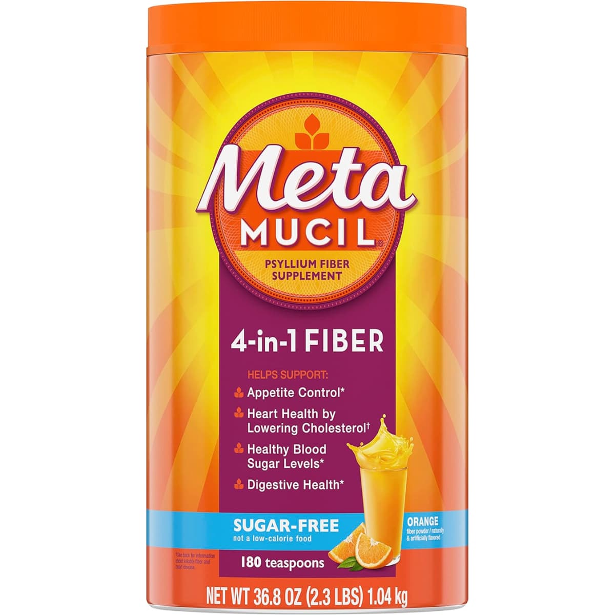 Metamucil fibra de psyllium en polvo sabor naranja sin azúcar, envase de 1.04 kg