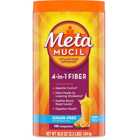 Metamucil fibra de psyllium en polvo sabor naranja sin azúcar, envase de 1.04 kg