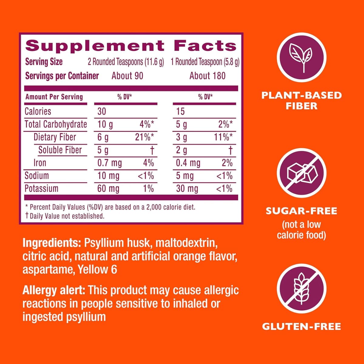 Información del suplemento de Metamucil fibra de psyllium naranja sin azúcar, 1.04 kg