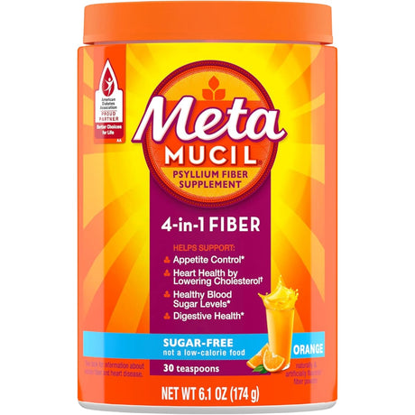Metamucil fibra de psyllium en polvo sabor naranja sin azúcar, envase de 174 g