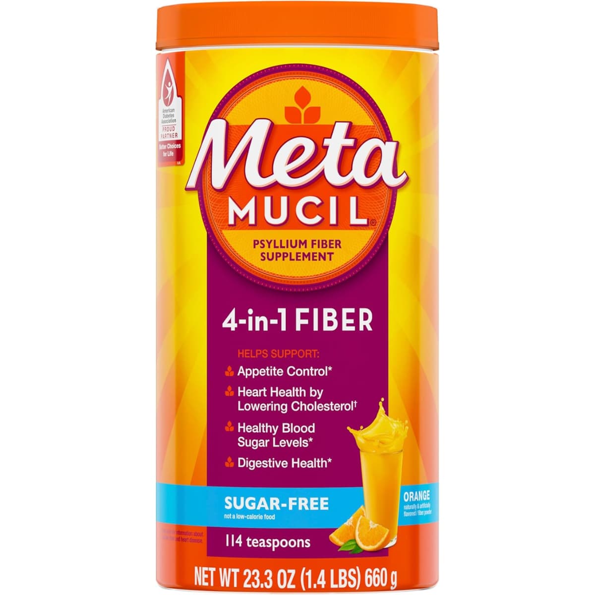 Metamucil fibra de psyllium en polvo sabor naranja sin azúcar, envase de 660 g
