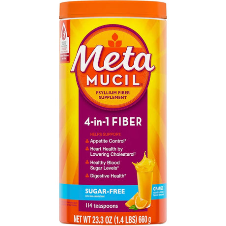 Metamucil fibra de psyllium en polvo sabor naranja sin azúcar, envase de 660 g