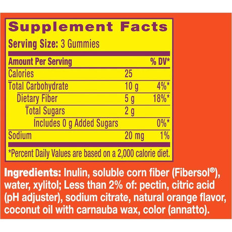 Tabla nutricional del suplemento Metamucil Fibra Sabor Naranja (5 g Fibra - Gomitas)