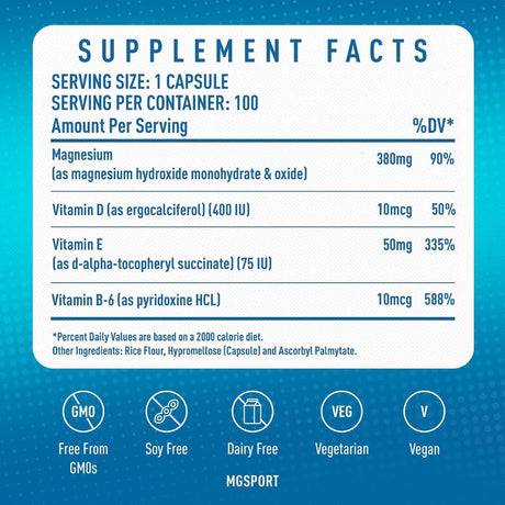 Información del suplemento MGSPORT magnesio 380 mg para la presentación de 100 cápsulas