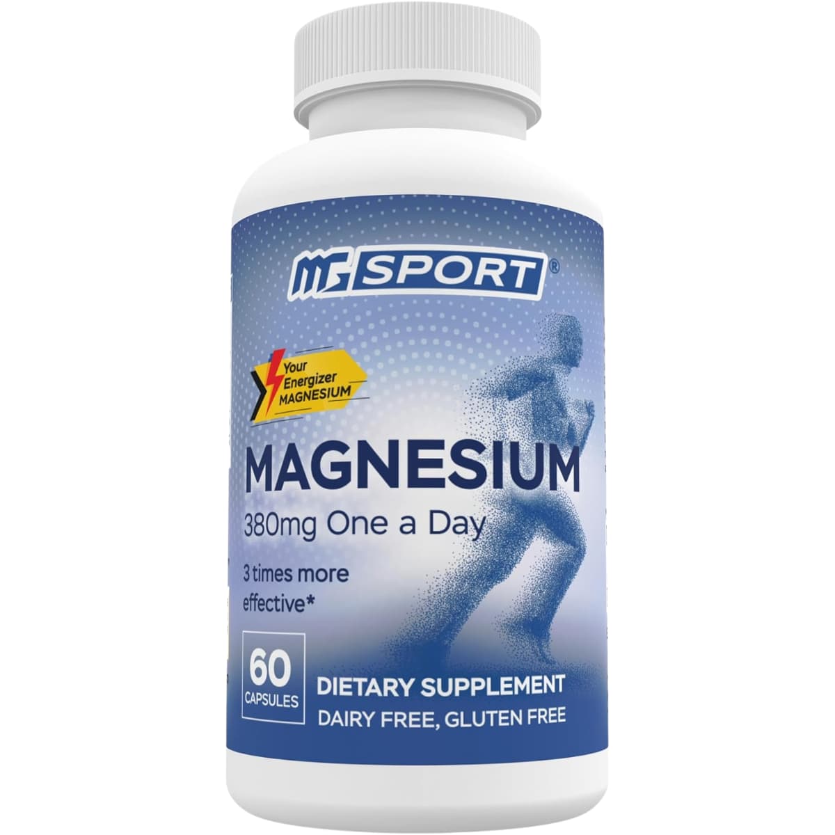 Frasco frontal de MGSPORT magnesio 380 mg, presentación de 60 cápsulas