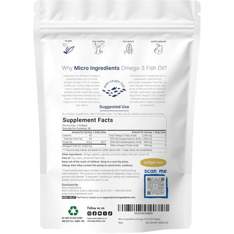 Tabla nutricional del suplemento Micro Ingredients Aceite de Pescado Omega-3 120 cápsulas blandas