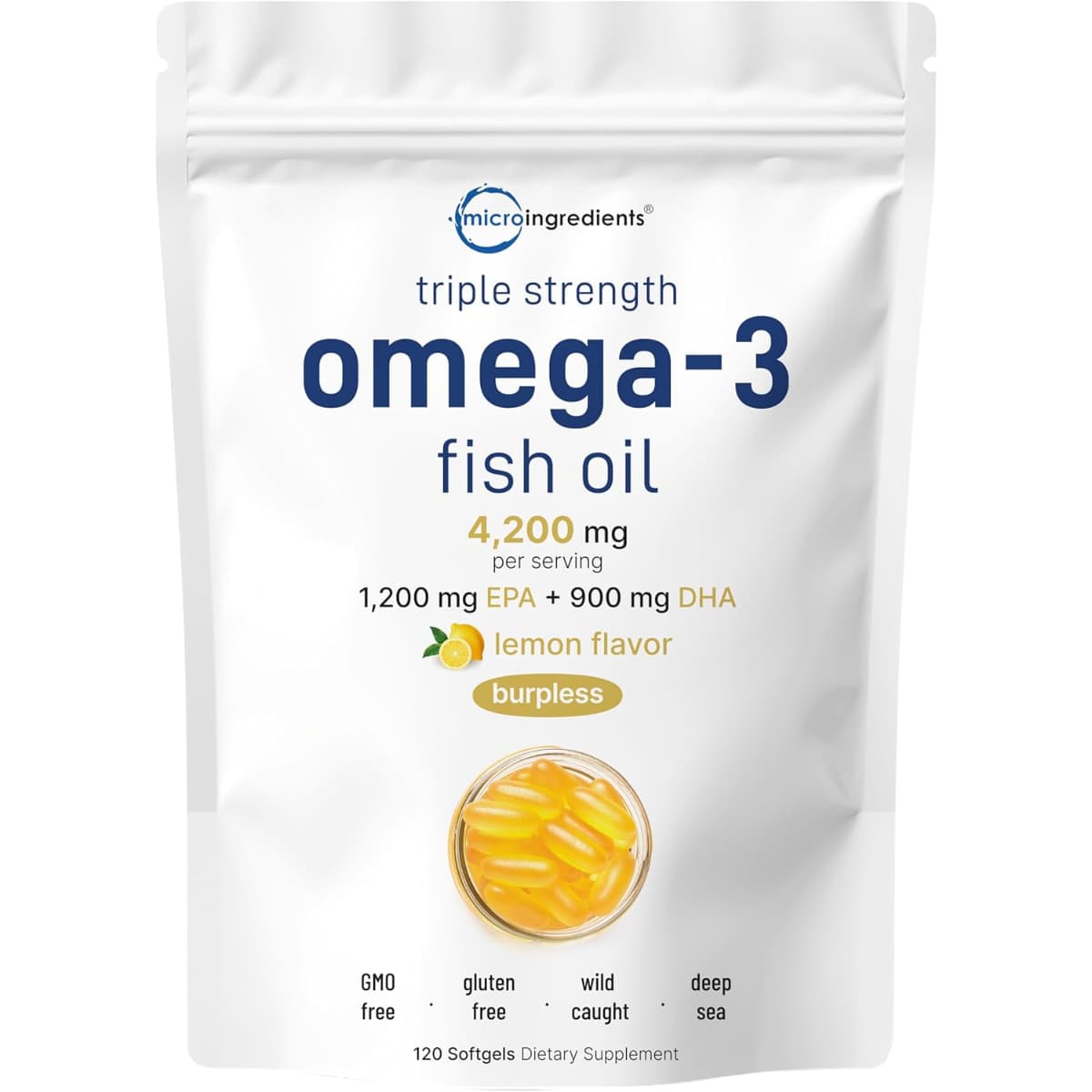 Frasco de suplemento Micro Ingredients Aceite de Pescado Omega-3 120 cápsulas blandas