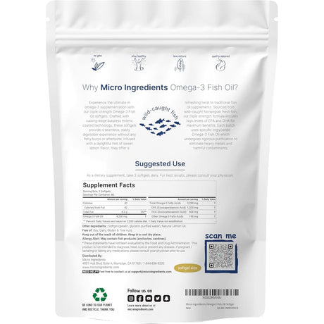 Tabla nutricional del suplemento Micro Ingredients Aceite de Pescado Omega-3 240 cápsulas blandas