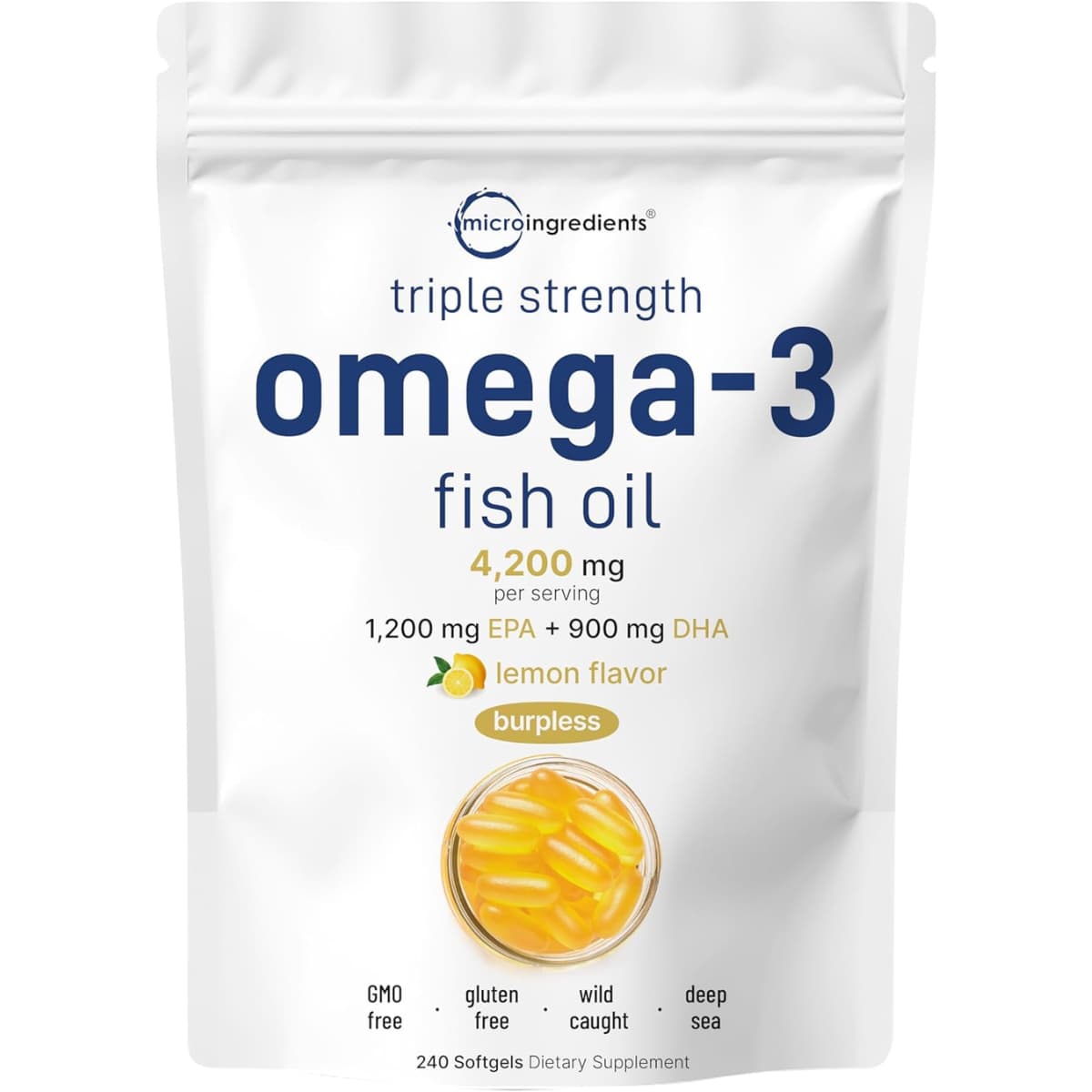 Frasco de suplemento Micro Ingredients Aceite de Pescado Omega-3 240 cápsulas blandas