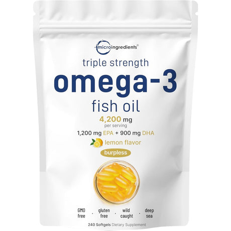 Frasco de suplemento Micro Ingredients Aceite de Pescado Omega-3 240 cápsulas blandas