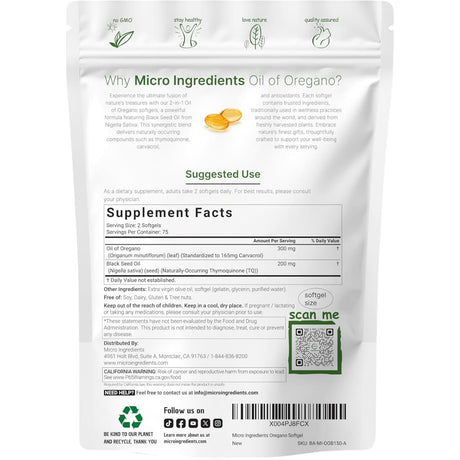 Etiqueta posterior de Micro Ingredients aceite de orégano con aceite de semilla negra en presentación de 150 cápsulas blandas