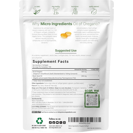 Etiqueta posterior de Micro Ingredients aceite de orégano con aceite de semilla negra en presentación de 300 cápsulas blandas