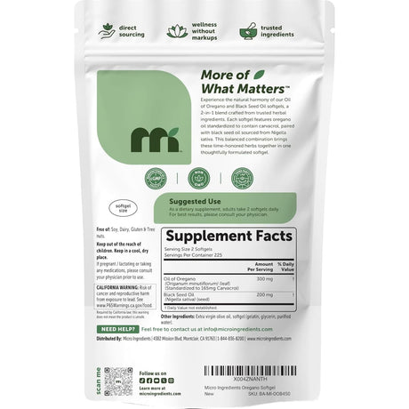 Etiqueta posterior de Micro Ingredients aceite de orégano con aceite de semilla negra en presentación de 450 cápsulas blandas