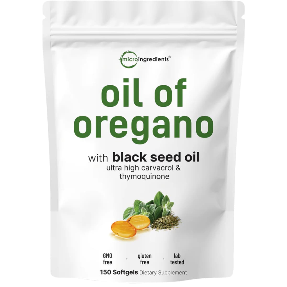 Bolsa frontal de Micro Ingredients aceite de orégano con aceite de semilla negra en presentación de 150 cápsulas blandas