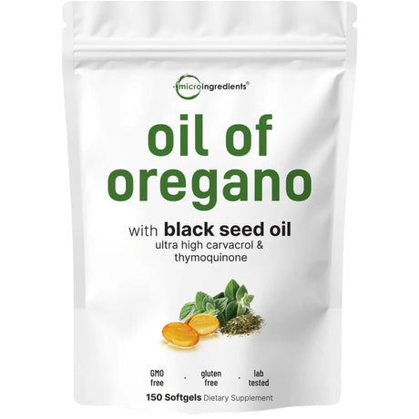Bolsa frontal de Micro Ingredients aceite de orégano con aceite de semilla negra en presentación de 150 cápsulas blandas