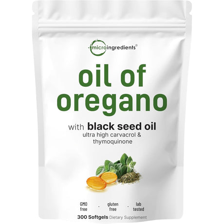 Bolsa frontal de Micro Ingredients aceite de orégano con aceite de semilla negra en presentación de 300 cápsulas blandas