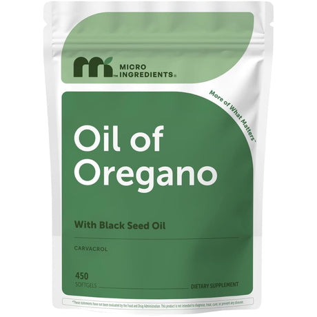 Bolsa frontal de Micro Ingredients aceite de orégano con aceite de semilla negra en presentación de 450 cápsulas blandas
