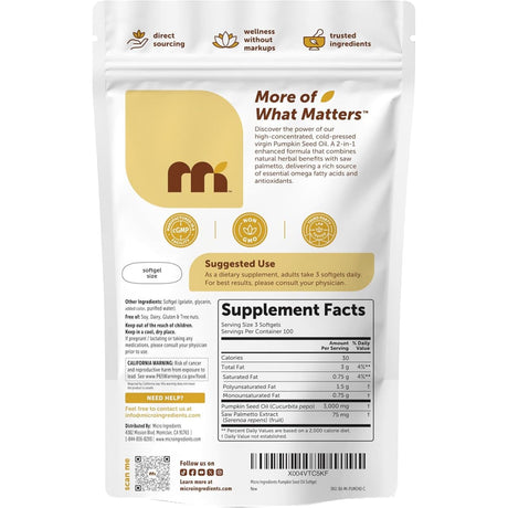 Etiqueta de Micro Ingredients Aceite de Semilla de Calabaza con Saw Palmetto de 300 cápsulas blandas con tabla del suplemento