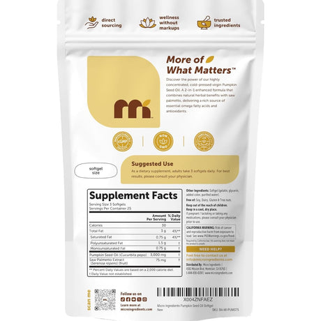 Etiqueta de Micro Ingredients Aceite de Semilla de Calabaza con Saw Palmetto de 75 cápsulas blandas con tabla del suplemento