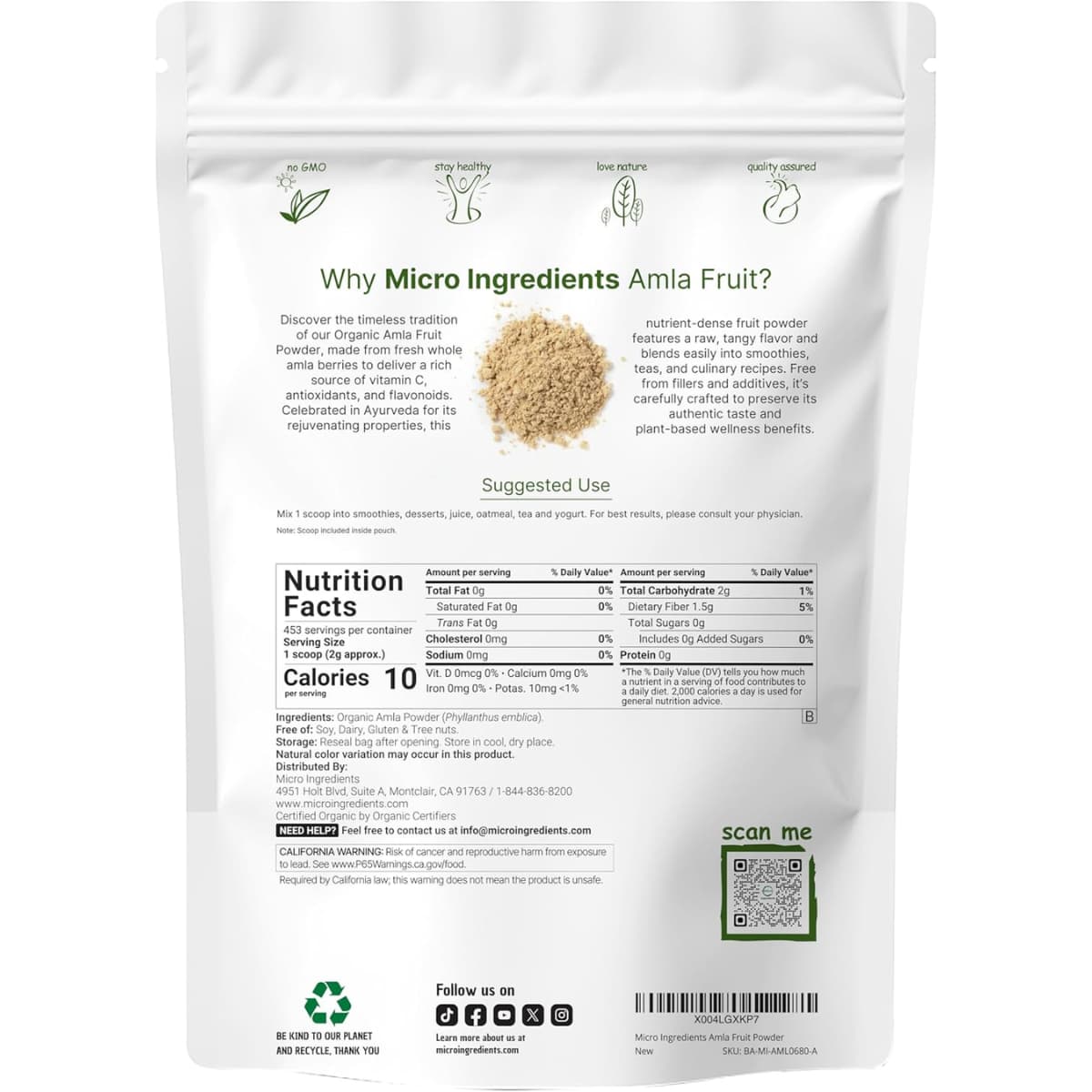 Información nutricional de MICRO INGREDIENTS amla orgánica en polvo, 2 lb (907 g).