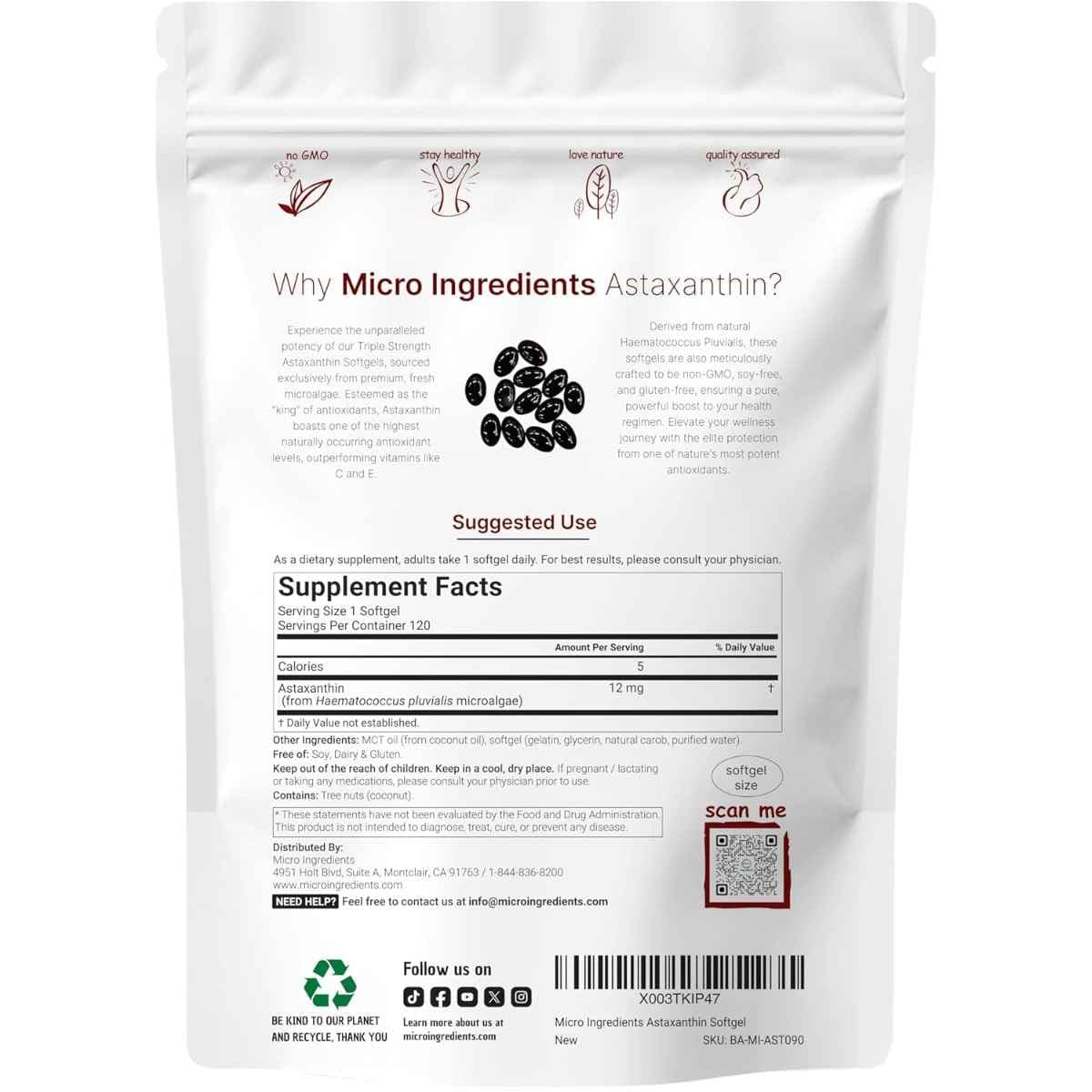 Tabla nutricional del suplemento Micro Ingredients Astaxantina 12 mg 120 cápsulas blandas
