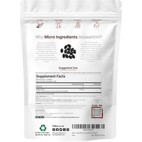 Tabla nutricional del suplemento Micro Ingredients Astaxantina 12 mg 120 cápsulas blandas