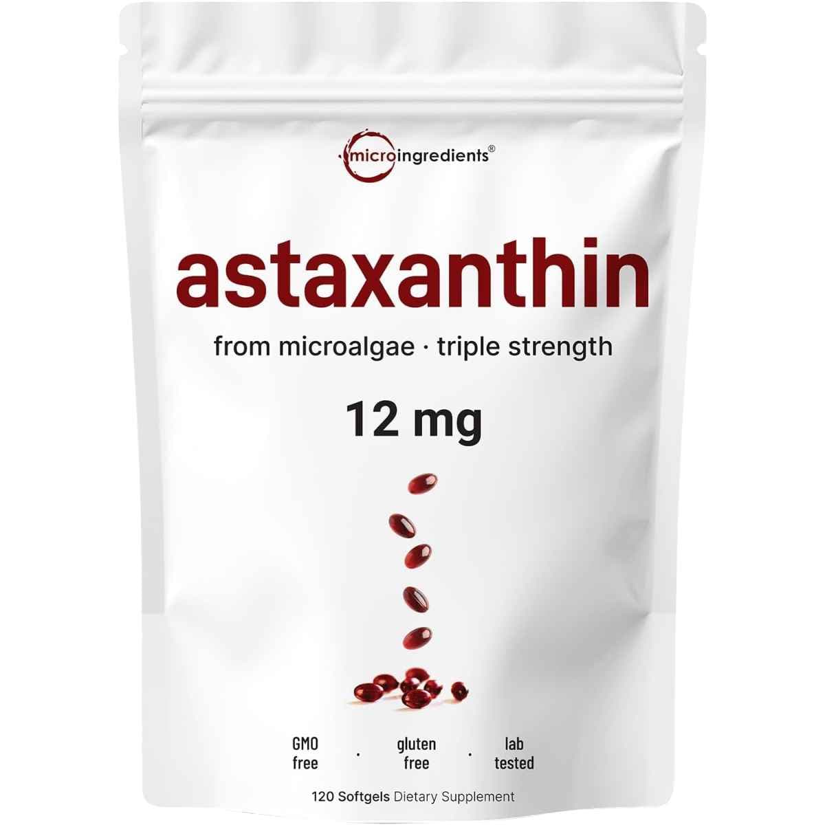 Empaque de suplemento Micro Ingredients Astaxantina 12 mg 120 cápsulas blandas