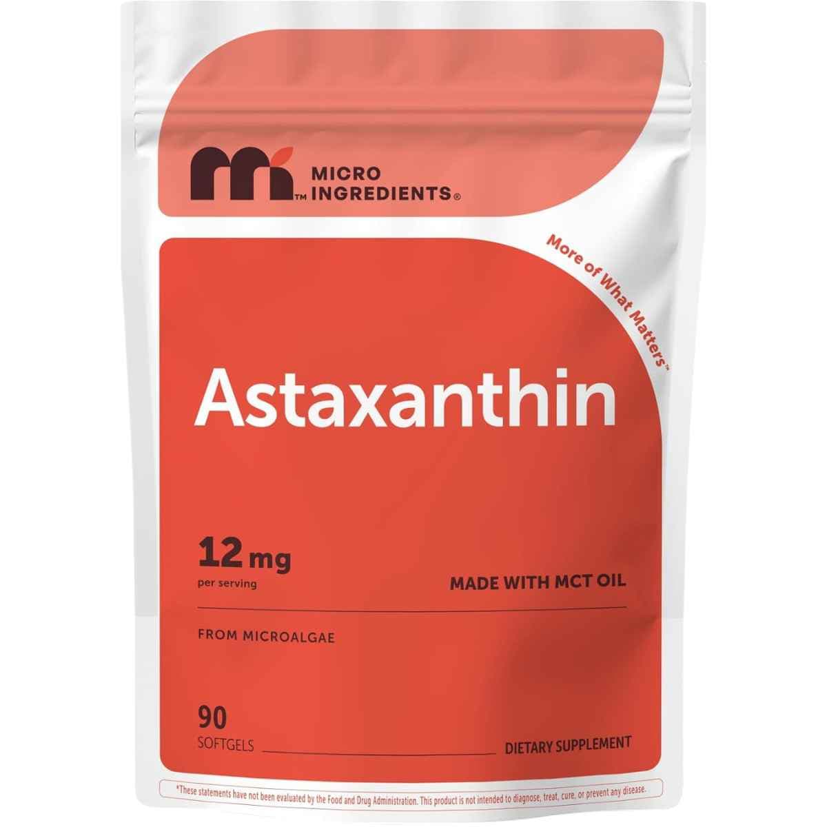 Bolsa frontal de Micro Ingredients astaxantina 12 mg, presentación de 90 cápsulas blandas