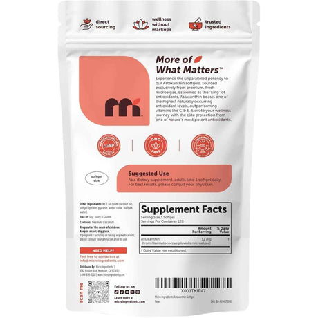 Información del suplemento de Micro Ingredients Astaxantina 12 mg, presentación de 120 cápsulas blandas