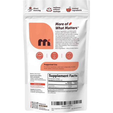 Información del suplemento de Micro Ingredients astaxantina 12 mg, presentación de 60 cápsulas blandas