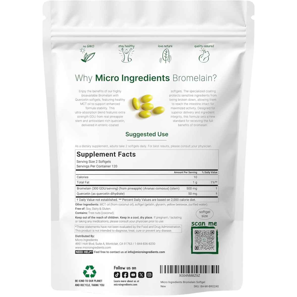 Tabla nutricional del suplemento Micro Ingredients Bromelina con Quercetina y Aceite MCT 500 mg 240 cápsulas blandas