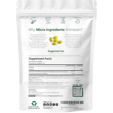 Tabla nutricional del suplemento Micro Ingredients Bromelina con Quercetina y Aceite MCT 500 mg 240 cápsulas blandas