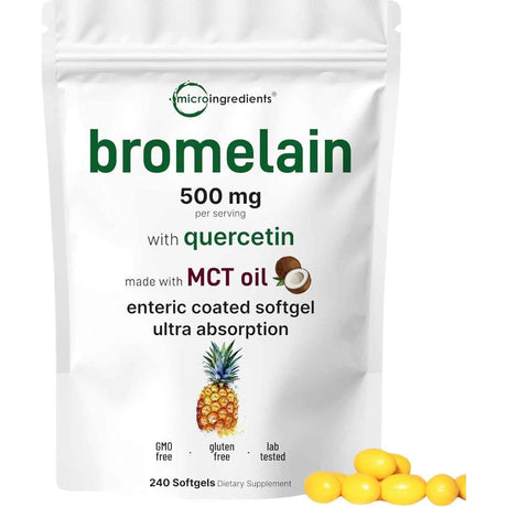 Frasco de suplemento Micro Ingredients Bromelina con Quercetina y Aceite MCT 500 mg 240 cápsulas blandas
