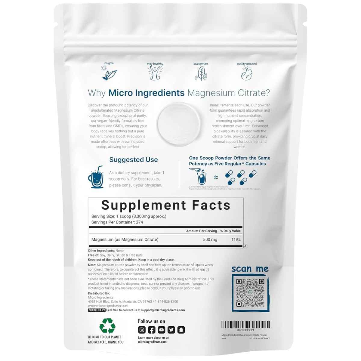 Tabla nutricional del suplemento Micro Ingredients citrato de magnesio en polvo con información de ingredientes y cantidad por porción
