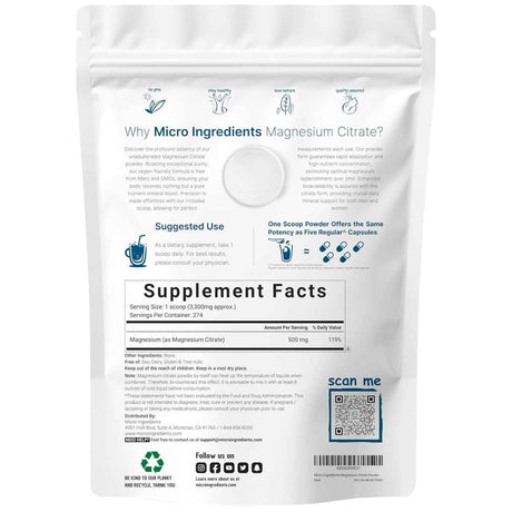 Tabla nutricional del suplemento Micro Ingredients citrato de magnesio en polvo con información de ingredientes y cantidad por porción
