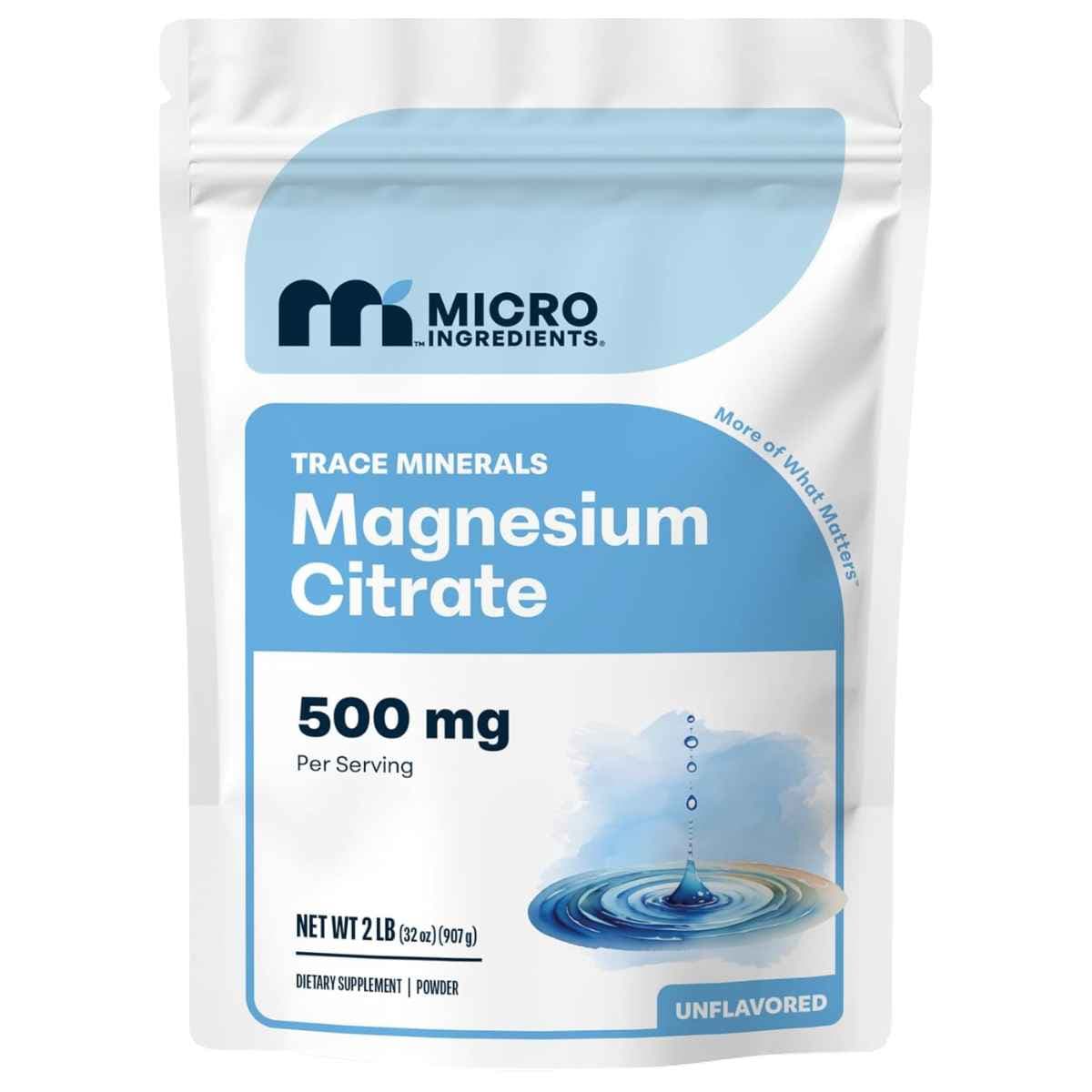 Bolsa de citrato de magnesio en polvo de la marca Micro Ingredients, presentación de 907 gramos