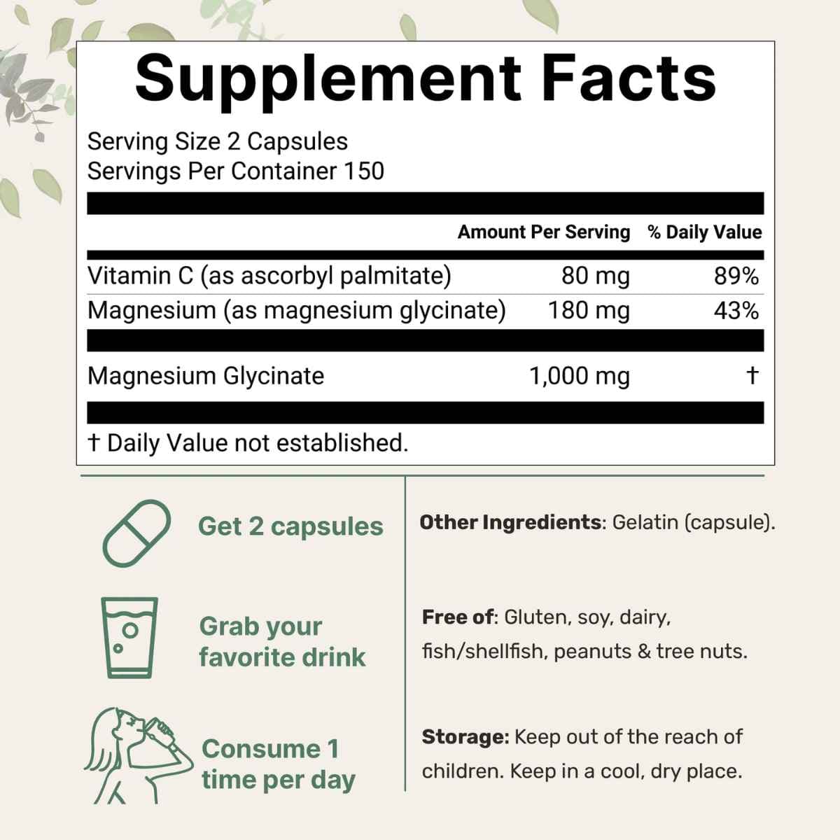 Etiqueta Supplement Facts del glicinato de magnesio Micro Ingredients con información de ingredientes, cantidades y modo de uso.
