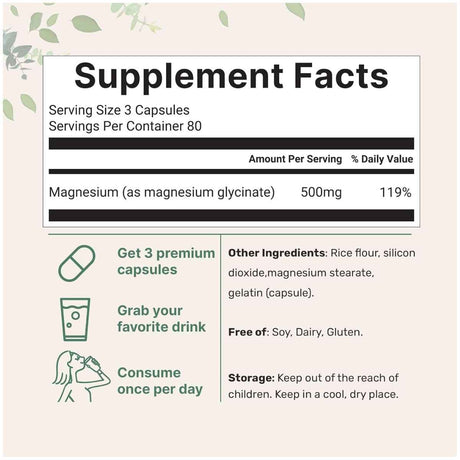 Etiqueta Supplement Facts de Micro Ingredients glicinato de magnesio 500 mg