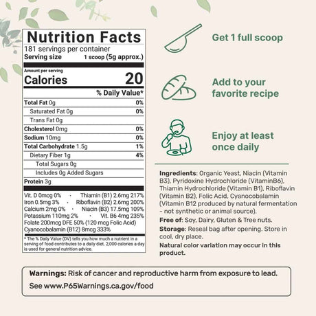 Tabla nutricional del suplemento Micro Ingredients Levadura Nutricional Orgánica Fortificada 2 lb