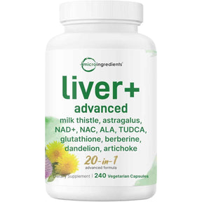 Frasco frontal de Micro Ingredients Liver Advanced+ con 240 cápsulas vegetarianas.